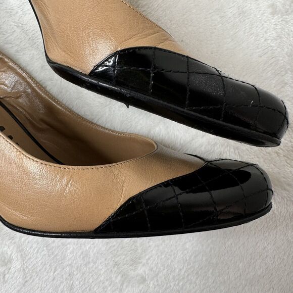 Chanel Womens Slingback Heels Mixed Media Patent Leather Quilted Beige Size 36.5 - Picture 6 of 13